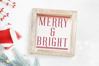 Merry & Bright Farmhouse Christmas Sign, Square Wood Framed Decoration, Festive Holiday Decor, Wall Art