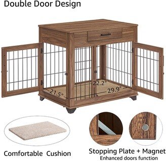 unipaws Dog Crate End Table with Drawer, Wooden Wire Pet Kennels with Double Doors