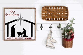 Love Came Down On A Silent Night, Nativity Manger Scene, Square Wood Framed Farmhouse Sign, Christian Christmas Sign