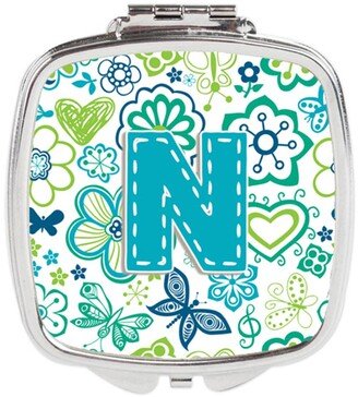 CJ2006-NSCM Letter N Flowers & Butterflies Teal Blue Compact Mirror