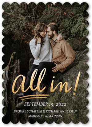 Save The Date Cards: All In Save The Date, White, 5X7, Pearl Shimmer Cardstock, Scallop