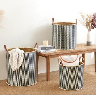 Round Palm Leaf Woven Baskets With Faux Leather Handles (Set Of 3)