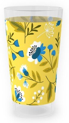 Outdoor Pint Glasses: Colorful Spring Flowers - Blue On Yellow Outdoor Pint Glass, Yellow