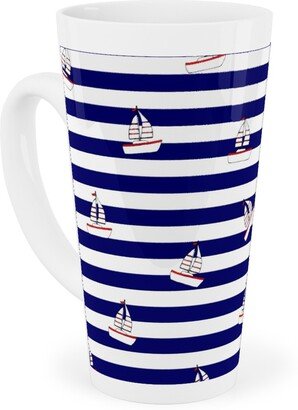 Mugs: Sea And Boats Stripes - Blue Tall Latte Mug, 17Oz, Blue