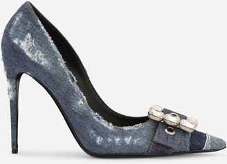 Patchwork denim pumps with rhinestone buckle