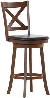 Merrick Lane Sora Classic Wooden Crossback Swivel Bar Height Pub Stool With Upholstered Padded Seat And Integrated Footrest - Antique oak/black