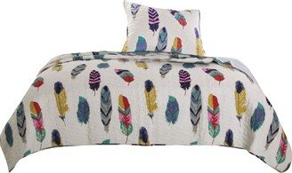 Boston 2 Piece Fabric Twin Size Quilt Set with Feather Prints, Multicolor