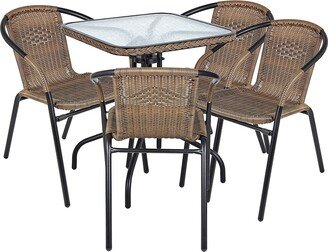 BTEXPERT Indoor Outdoor 28 Square Tempered Glass Metal Table Brown Rattan Trim + 4 Brown Restaurant Rattan Stack Chairs
