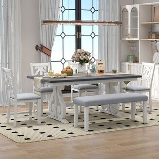 Aoolive 6-Piece Dining Table Set, Wooden Farmhouse Rectangular Dining Table and 4 Chairs with Hollow Chair Back & Bench for Dining Room