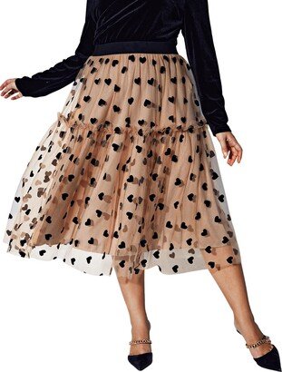 Floerns Women's Plus Size Heart Printed Contrast Mesh Frill Trim Flared Midi Skirt Apricot 2XL