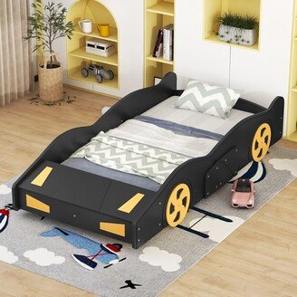 IGEMAN Twin Size Modern Race Car-Shaped Platform Bed, Children's Bed with Wheels and Storage for Living Room Bedroom, Black+Yellow