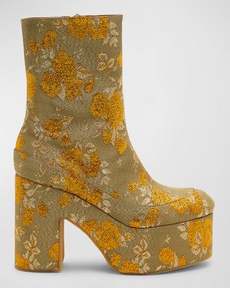 Floral Brocade Platform Ankle Booties