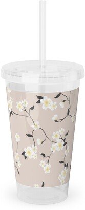 Travel Mugs: Climbing Flower - Pink Acrylic Tumbler With Straw, 16Oz, Pink