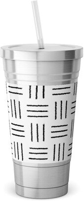 Travel Mugs: Mudcloth Basket Weave - Black On White Stainless Tumbler With Straw, 18Oz, White