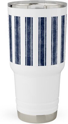 Travel Mugs: Vertical French Ticking Textured Pinstripes In Dark Midnight Navy And White Travel Tumbler, 30Oz, Blue