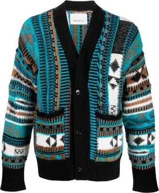 Buttoned Patterned Intarsia-Knit Cardigan