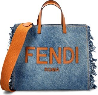 Logo Patch Fringed Denim Tote Bag