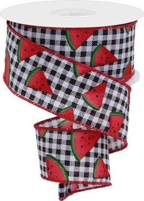 Watermelon Slices Black/White Gingham Wired Ribbon, 1.5