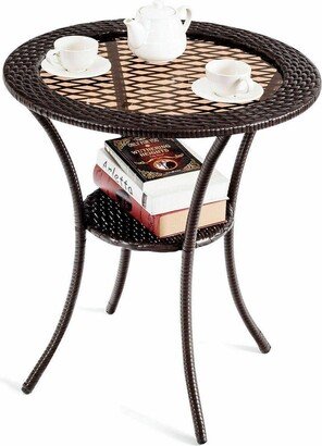 Round Rattan Wicker Coffee Table Glass Top Steel Frame Patio