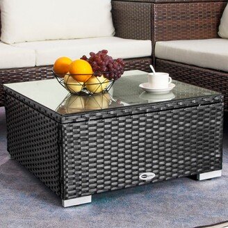 Global Pronex Outdoor Coffee Table Wicker Patio Side Table with Glass Top,25.2in Black