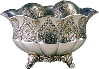 7 Silver Scalloped Design Polyresin Decorative Bowl With Orbs - 8.25 x 12.5 x 7