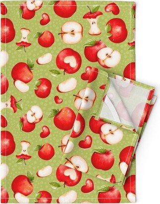 Fall Fruits Tea Towels | Set Of 2 - Apples Slices On Green By Kristeninstitches Autumn Harvest Linen Cotton Spoonflower