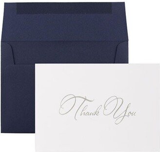 Jam Paper Thank You Card Sets - Silver-Tone Script Cards with Navy Blue Envelopes - 25 Cards and Envelopes