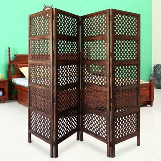 Decorative Four Panel Mango Wood Hinged Room Divider with Circular Cutout Design, Brown