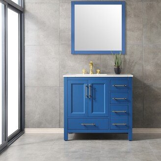 Navy 36 inch Deep Blue Transitional Bathroom Vanity with White Carrara Marble Countertop and Undermount Porcelain Sink