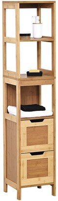 Bathroom Linen Tower Cabinet Mahe 2 Drawers 3 Shelves Wood Bamboo - 56 3/4