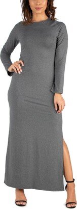 24seven Comfort Apparel Women's Long Sleeve Side Slit Fitted Maxi Dress