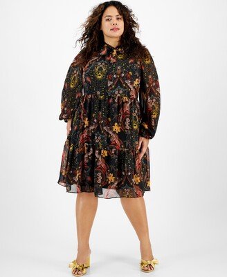 Plus Size Printed Long-Sleeve Swing Dress