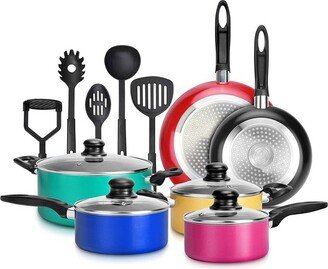 15 Piece Nonstick Kitchen Cookware Set with 2 Cooking Pots, 2 Sauce Pots, 4 Lids, 2 Pans, and 5 Utensils, Multicolor