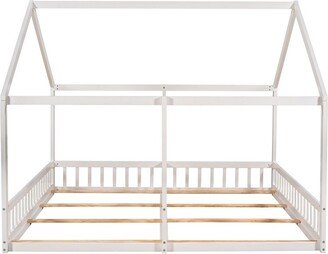 IGEMAN White Twin Size Wood House Platform Beds with 2 Shared Beds, 81.3''L*80.1''W*67.1''H, 92.5LBS