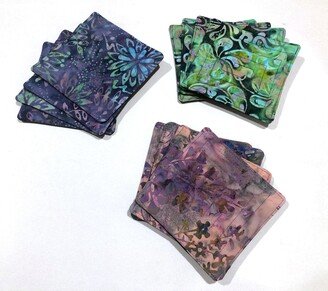 Quilted Cotton Batik Fabric Coasters in Purple, Pink Or Green