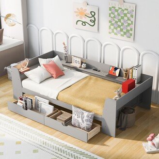 Twin Size Daybed with Shelves Drawers and Built-In Charging Station