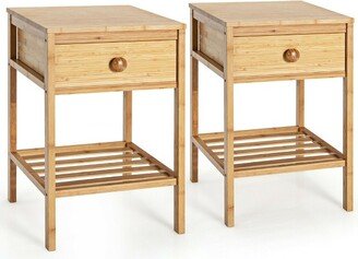 2PCS Bamboo Nightstand Natural Side End Table w/Drawer for Living Room Bedroom