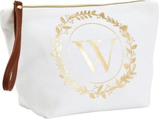 Glamlily Gold Initial W Personalized Makeup Bag for Women, Monogrammed Canvas Cosmetic Pouch (White, 10 x 3 x 6 In)