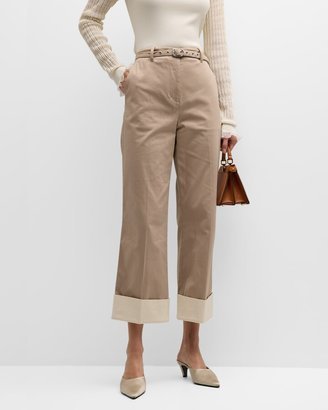 Belted Panama-Cotton Kick Flare Cropped Pants