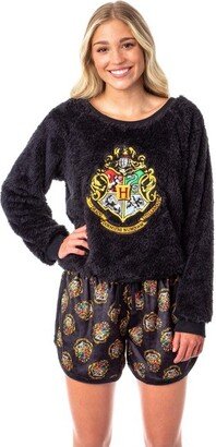 Harry Potter Womens' Hogwarts Crest Sweater and Shorts Sleep Pajama Set (L) Black