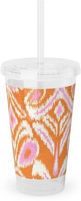 Travel Mugs: Ikat Flower - Orange And Pink Acrylic Tumbler With Straw, 16Oz, Orange