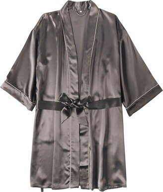 Soft Strokes Silk Pasithea - Kimono Pure Silk Robe - Knee Length Double Belts And Pockets - Grey