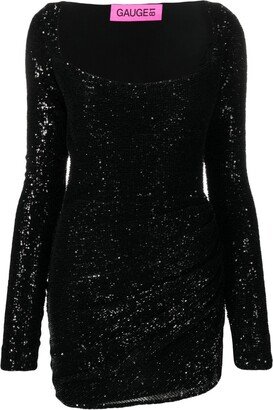 Sequin-Embellished Long-Sleeve Minidress-AA