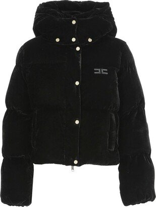 Logo Embroidered Velvet Hooded Puffer Jacket