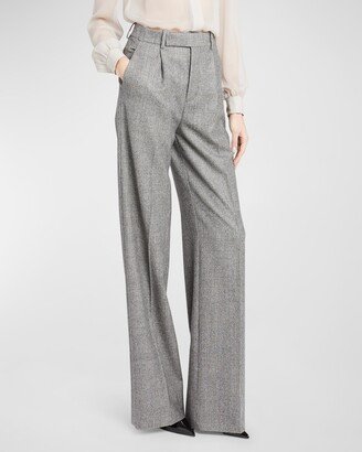 Wide-Leg Micro-Check Wool Trousers