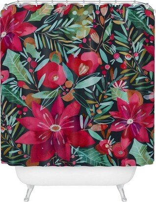 CayenaBlanca Watercolor Christmas Flowers Shower Curtain Red