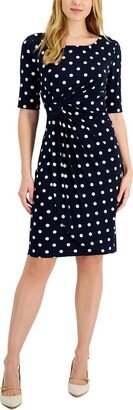 Petites Womens Polka Dot Ruched Sheath Dress