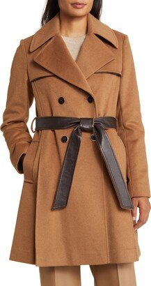 Belted Faux Leather Trim Wool Blend Coat