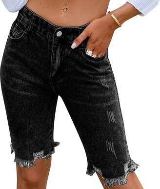 Finevalue Women Denim Stretchy Distressed Capris Short(M