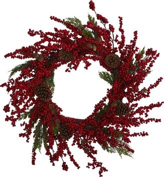 28in. Cypress Artificial Wreath with Berries and Pine Cones